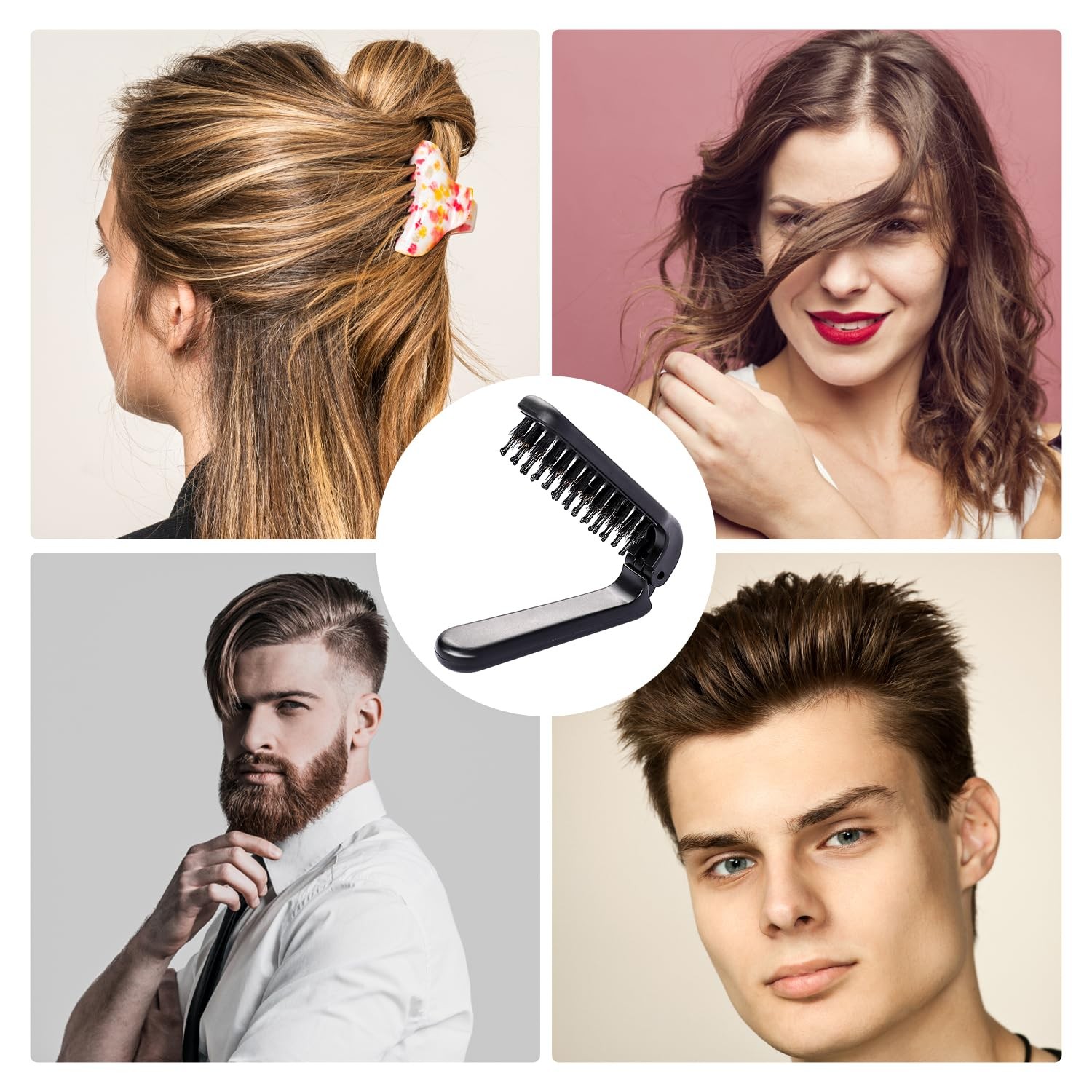 Foldable Brush for Purse, 2 Pack Small Portable Travel Hair 2 Pack, Black 