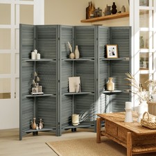 6 Panel Privacy Screen, Room Divider with 3 Shelves, Gray