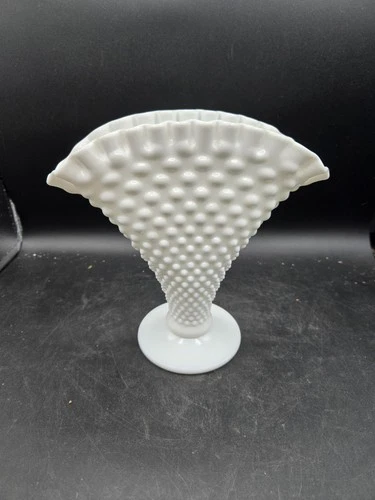Vintage Fenton Hobnail Milk Glass 8" Footed Crimped Fan Vase