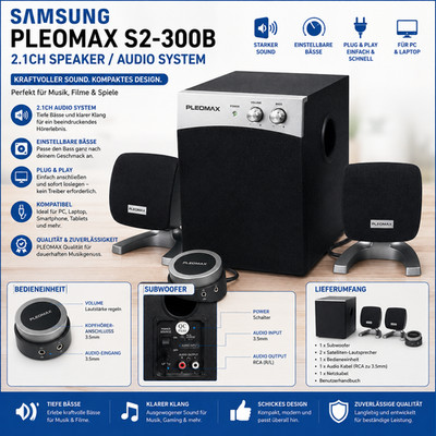 Samsung Pleomax 2.1 Audio Speaker System * Model S2-300B * GUT