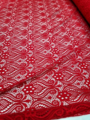 red lace fabric for dress Floral Double-Scalloped Corded Lace Strip - Crimson Red / Dark Navy