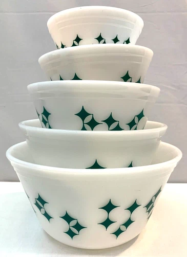 Set of 5 Vintage FEDERAL Milk Glass Teal Atomic Stars Twinkle Diamonds Bowls