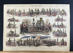 1865 THE STEAM FIRE-ENGINES IN NEW YORK by A. BERGHAUS HAND-COLORED 22”x 16”