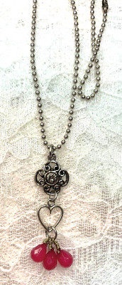 Silver tone lamp chain short necklace/heart/pink beads - # 66
