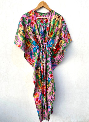 Pink Farida Kahlo Woman's Kaftan Nightwear Top Long Gown Beach Cover Up Hippie