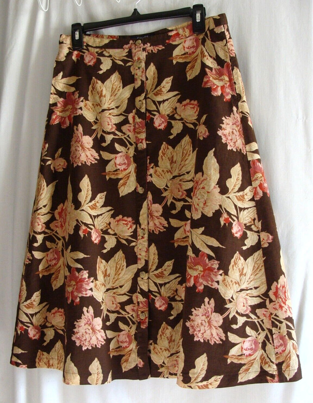 CHAPS Brown & Pink FLORAL Print BUTTON Front LINEN Blend SKIRT Sz 4