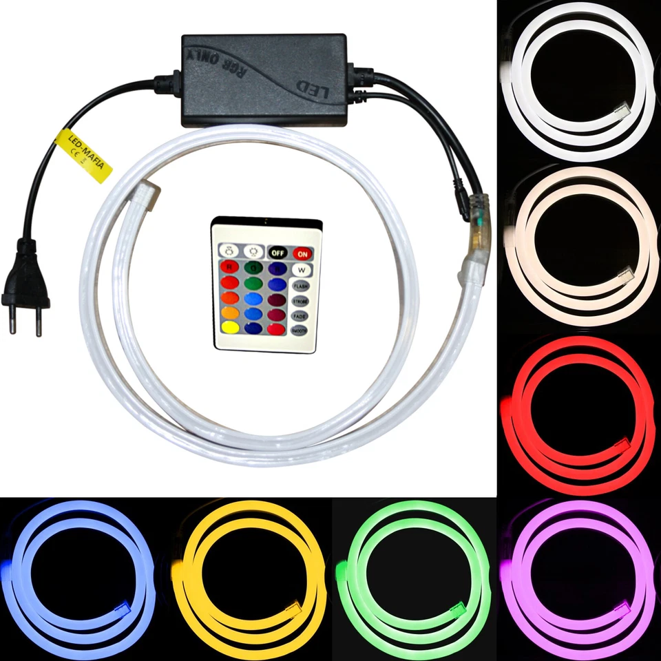 LED Neon Kette Streifen Stripes 220V RGB Flexibel diffus Dimmbar weiß blau rot  - Bild 1 von 1