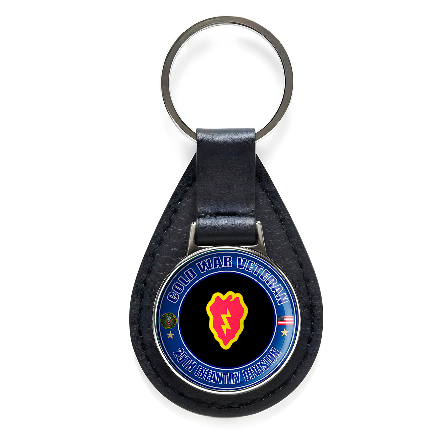 Cold War Veteran 25th Infantry Division Black Leather Keychain Silver Keyring
