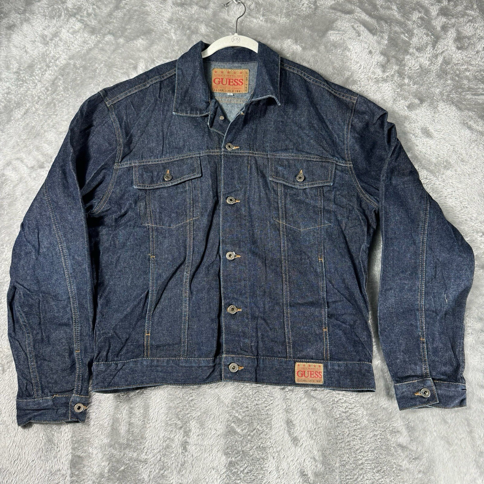 Chaqueta de Camionero Guess Denim Jean Azul Para Hombre XL Lavado Oscuro Clásica Grunge Hecha en EE. UU.