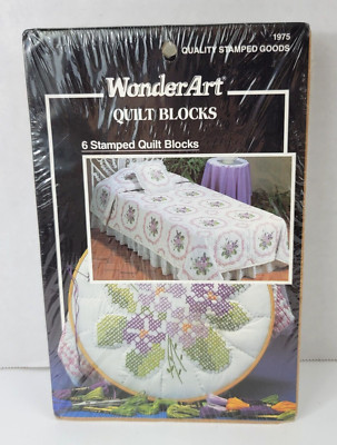 WonderArt 6 Stamped Quilt Blocks Violets 17x17 Embroidery or Fabric Paint Flower