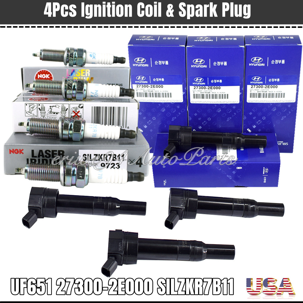 4Pcs NGK Spark Plug & 4Pc UF651 Ignition Coil For Kia Soul Forte Hyundai Elantra