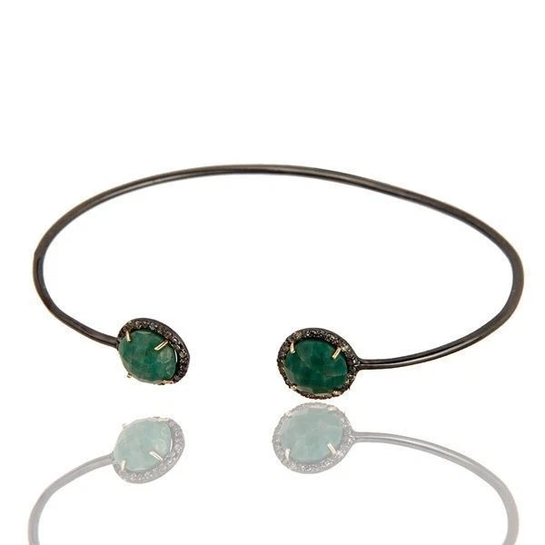 14K Solid Gold Pave Set Diamond And Natural Dyed Emerald Adjustable Bangle - Image 2 of 4
