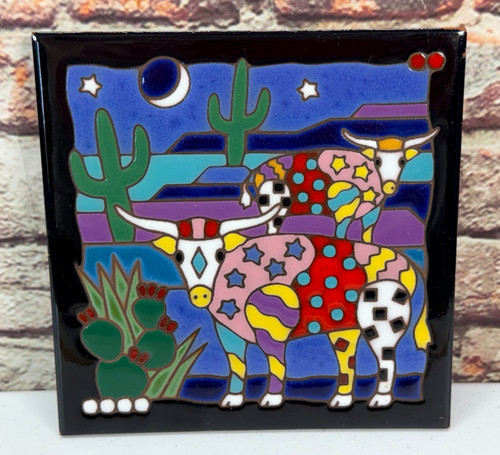 Vintage Masterworks Ceramic 6" Tile Trivet Southwestern Longhorn Cows & Cacti