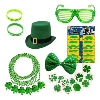 Girl Saint Patricks Day Shamrock Top Hat Punk Bangles&Beads Necklace&Glasses Set