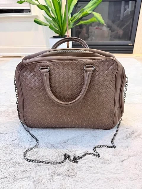 Bottega Veneta — Bottega Veneta Brown Woven Leather Satchel Handbag With Chain Strap