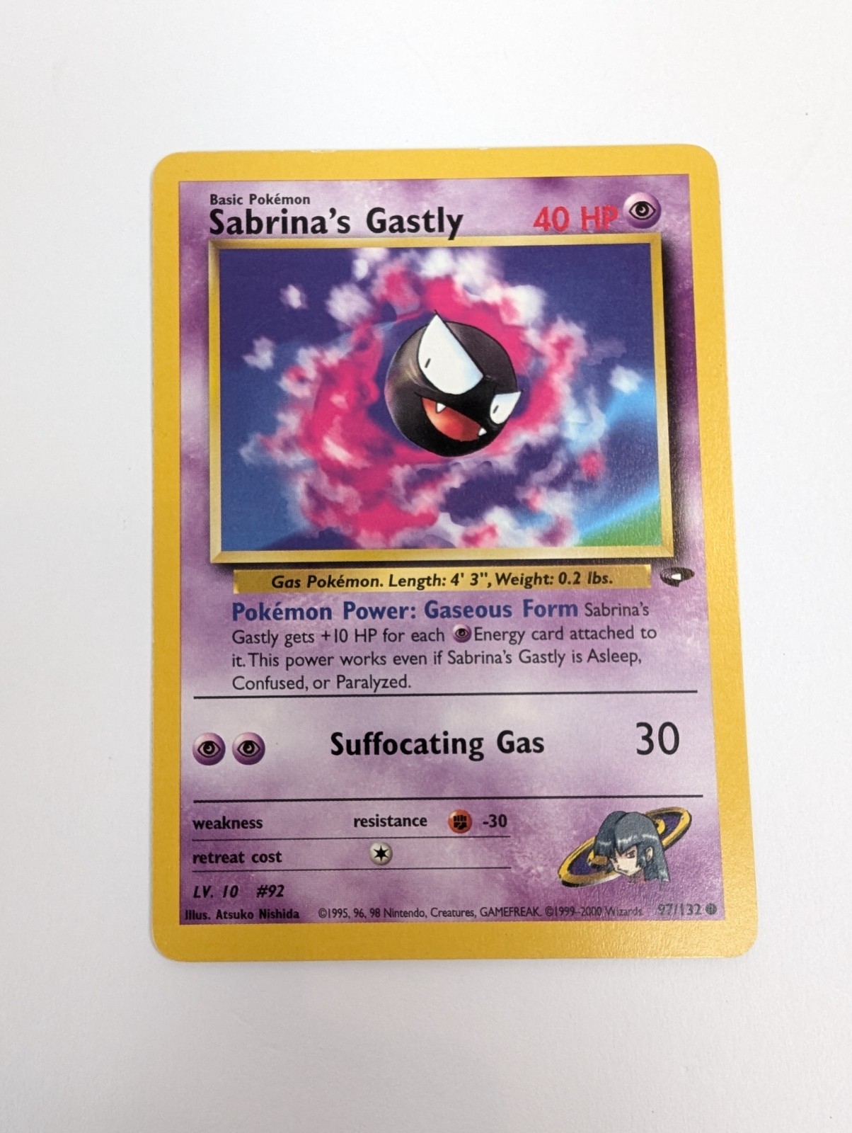Sabrina’s Gastly 97/132 Gym Challenge Pokemon Card NM front - LP+ back