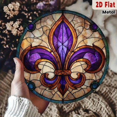 2D Flat - Vintage Round Metal Sign Featuring an Ornate Fleur-De-Lis Design, Idea