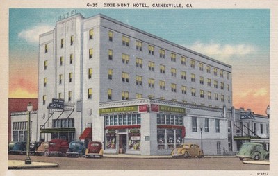 Dixie Hunt Hotel & Dixie Drug Store Gainesville Georgia Linen Postcard 1930's