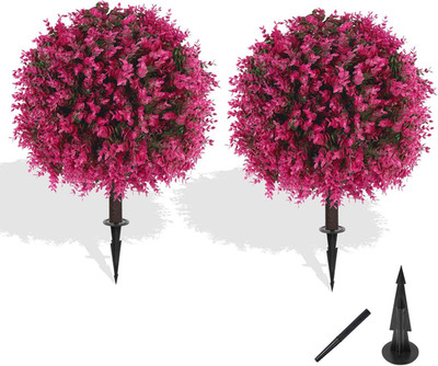 Artificial Topiary Tree with Pink Eucalyptus, Set of 2 Artificial Shrub Bushes w