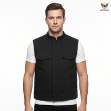 Mens Black Denim Motorcycle Vest Biker Club Style Concealed Carry Mesh Liner