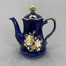 Mitterteich Bavaria Germany Small Tea Pot 6 3/8" Cobalt Blue Gold Gilded Flower