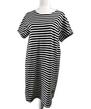 J Crew Women's Large Shift Dress Short Sleeve Black White Stripes Exposed Zip