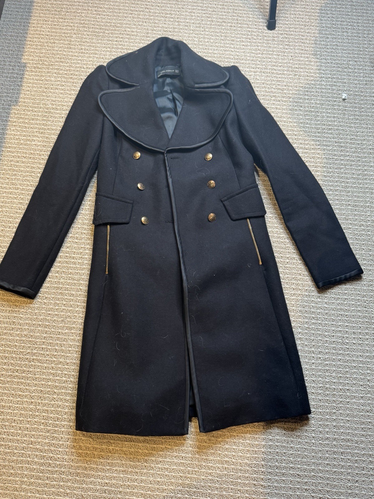 ZARA WOMAN Women's Black Coat G Buttons Collar Wool Double Breast Size XSmall