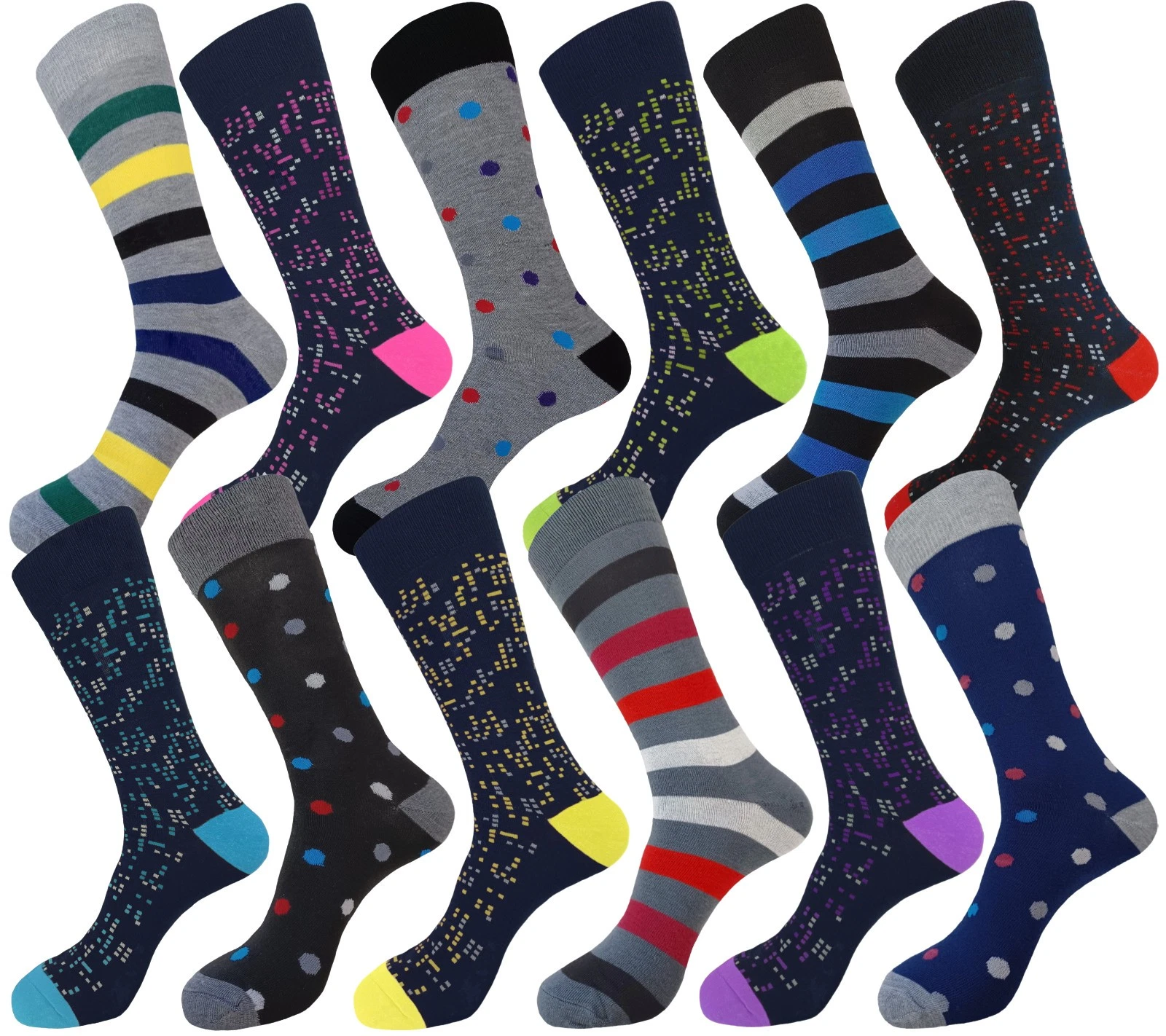 12 PK MULTI PATTERN COTTON MULTICOLOR FIRST QUALITY MEN'S DRESS SOCKS 10-13