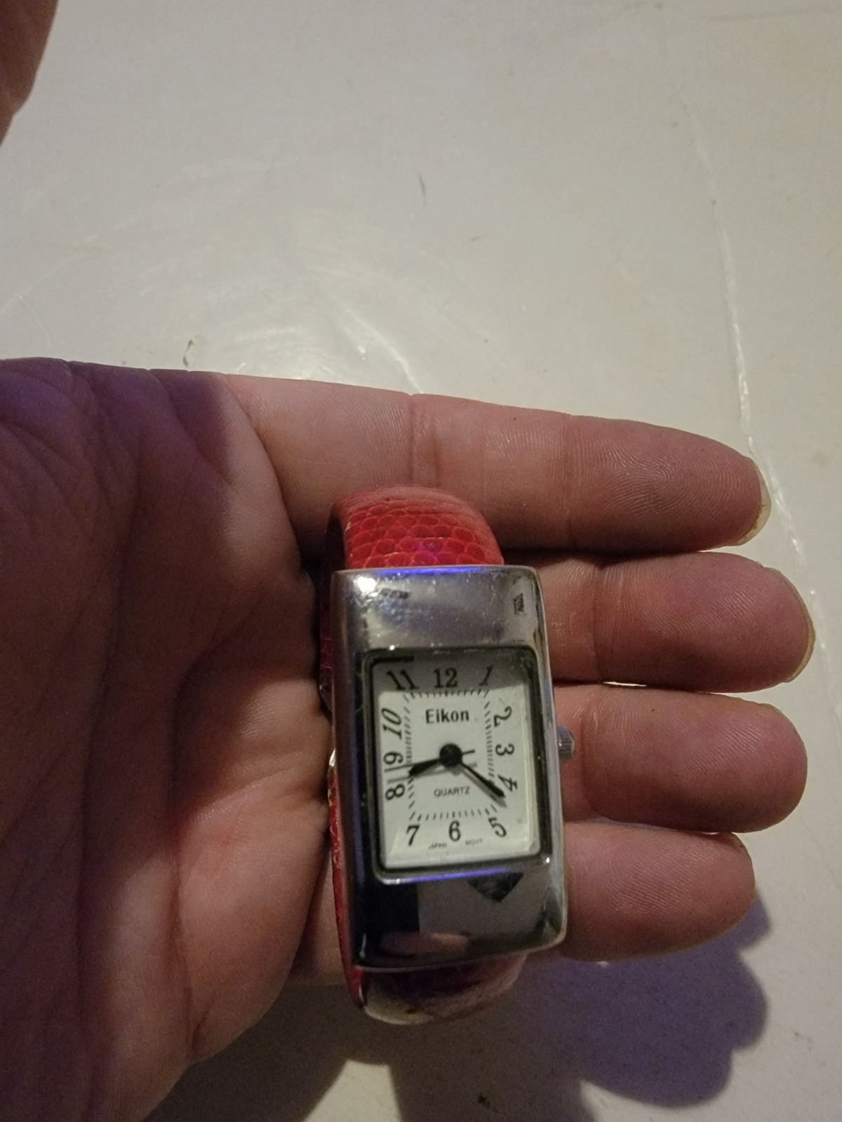 Eikon Analog Wristwatch Red Cuff Band Silver Tone Rectangular White Face