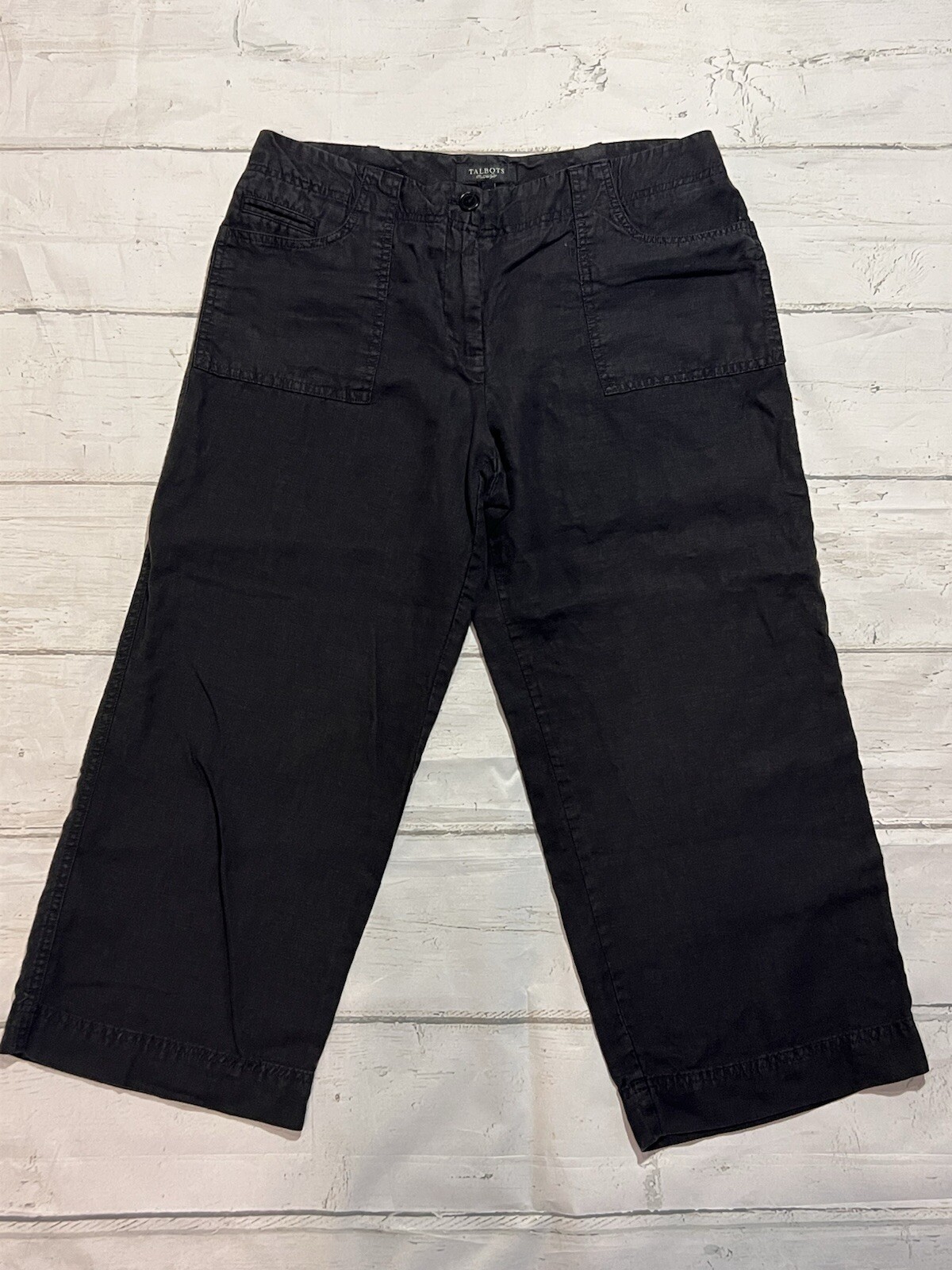 Talbots Womens Size 12 Black Boho Wide Leg Linen Capri Pants