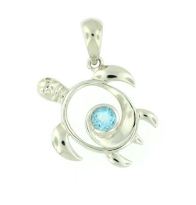 Solid 925 Sterling Silver Natural Blue Topaz Gemstone Women Turtle Wave Pendant