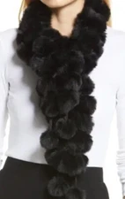 Women Black  Real Rabbit Fur Pom Pom Scraf /wrap Neck Warmer