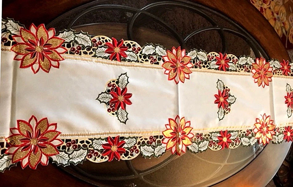 Holiday Christmas Table Runner Poinsettia Table Runner Gold Sequin Shimmer 69" - Image 2 of 4