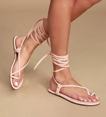 Lulu's Taylen Blush Suede Leather Flat Lace-up Gladiator