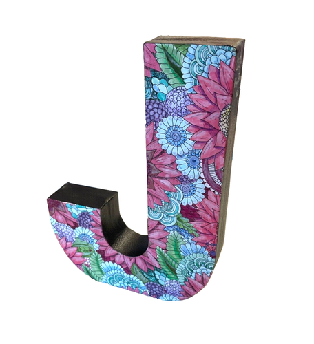 Hand-made floral-patterned letter J, 4.5" x 1" x 6.5" cute girly bedroom decor