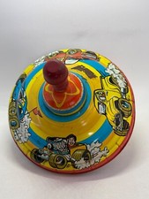VINTAGE OHIO ART 8" TIN LITHO SPINNING TOP CARS hot rod wood red handle