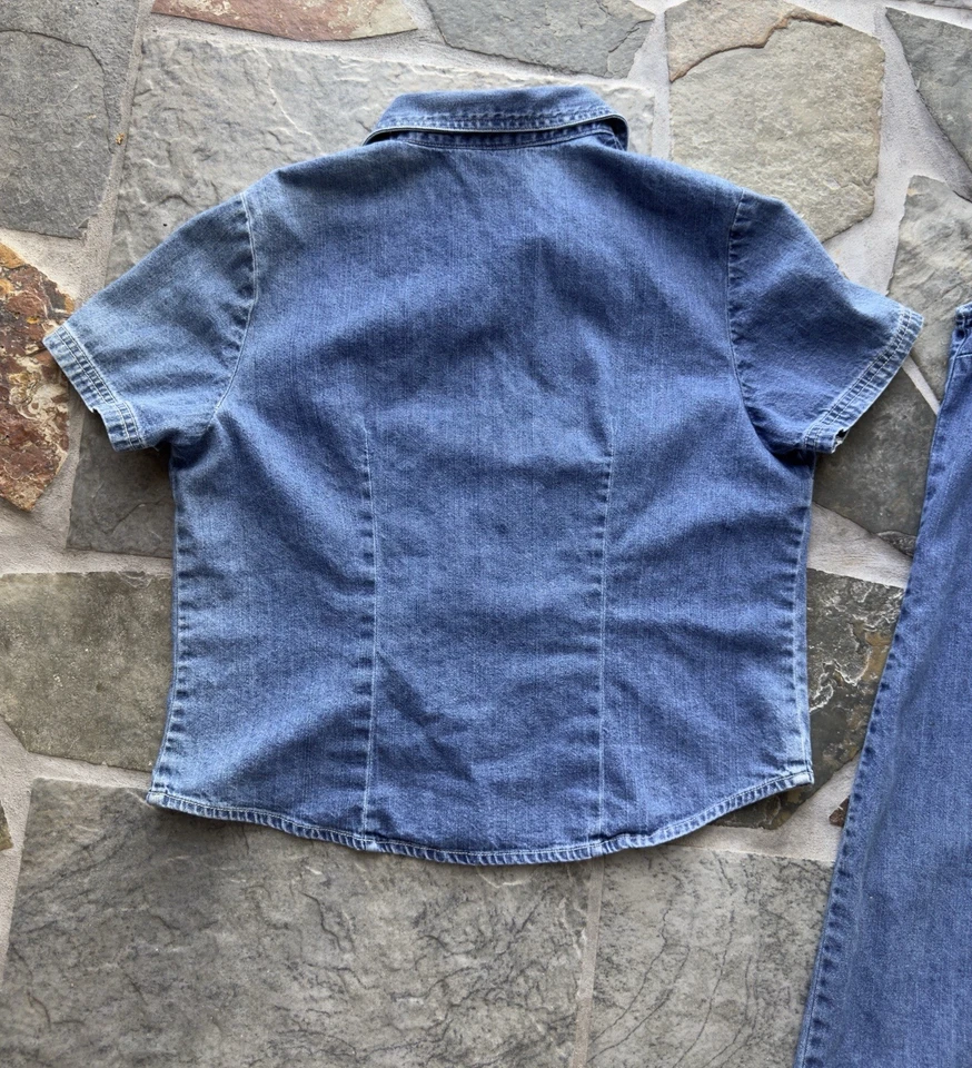 VTG Studio Ease Denim Maxi Dress Jacket Set Sz 10P Western Boho 90s Embroidered - Image 3 of 4