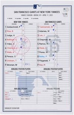 New York Yankees GU Lineup Card vs. San Francisco Giants on April 11, 2025