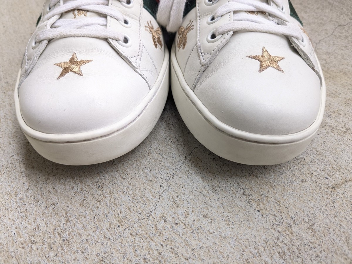 Gucci Ace Sneakers Men US 8.5 Bee Star White Leather Shoes Low