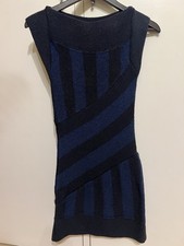 MANGO Navy Blue & Black Striped Knitted Dress, Boat Neck, Knee Length, Size M