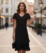 Women's LITTLE BLACK DRESS Size 6 V-Neck Flutter Sleeve Tiered Hem S.L. Fashions