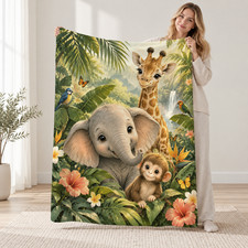 Elephant Giraffe Monkey Jungle Waterfall Coral Fleece Blanket