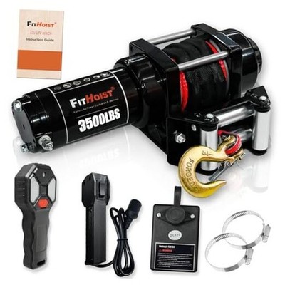 3500 lb ATV Winch with Red Synthetic Rope - IP68 Waterproof 12V Electric Winch 