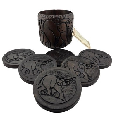 Set of 6 Dark Teak Wood Coasters & Caddy Hand Crafted Artisan African Elephant