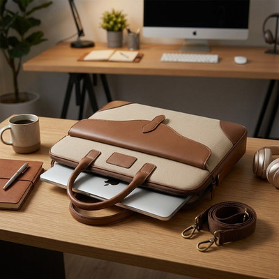 Handgefertigte Laptoptasche beige & beige echt genarbtes Leder Unisex Bürotasche