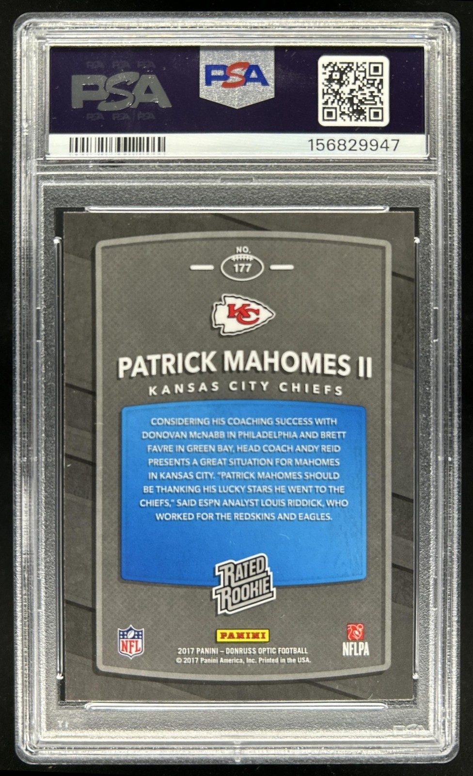 2017 Panini Donruss Optic Patrick Mahomes II RC Rated Rookie #177 Chiefs PSA 9 view 2