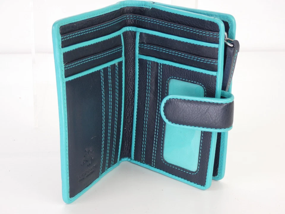 Real Leather Wallet Bifold Cards Coins Navy  Blue Trim Vistonti Italian - Image 2 of 4