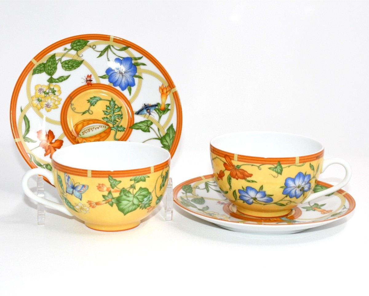 Hermes La Siesta Tea Cup and Saucer Set of 2 yellow porcelain