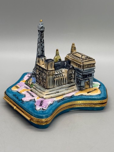 VTG Limoges France Deco Peint Main Porcelain Paris Trinket Box Map Notre Dame - Picture 11 of 18