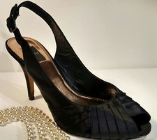 GLINT Sz7.5m black Satin open toe Pumps leather sole 4inch heels